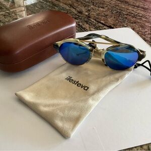 Illesteva MilanII Sunglasses with Blue Lenses and Brown Case